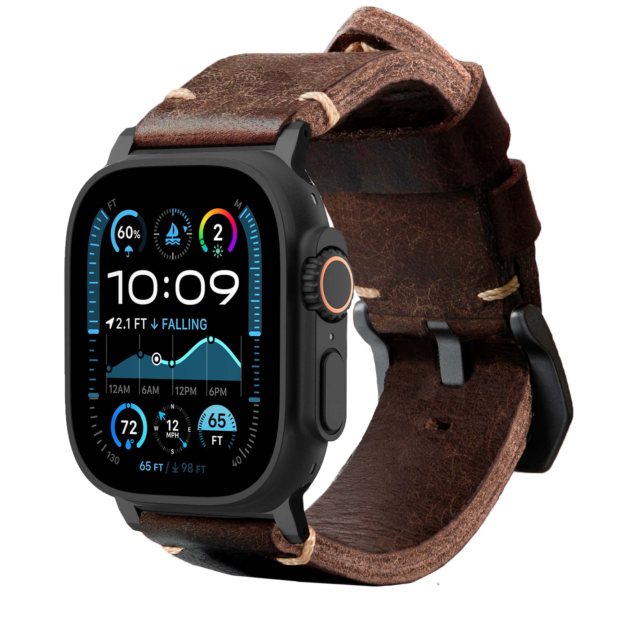 Smartwatch with a brown leather strap on a white background