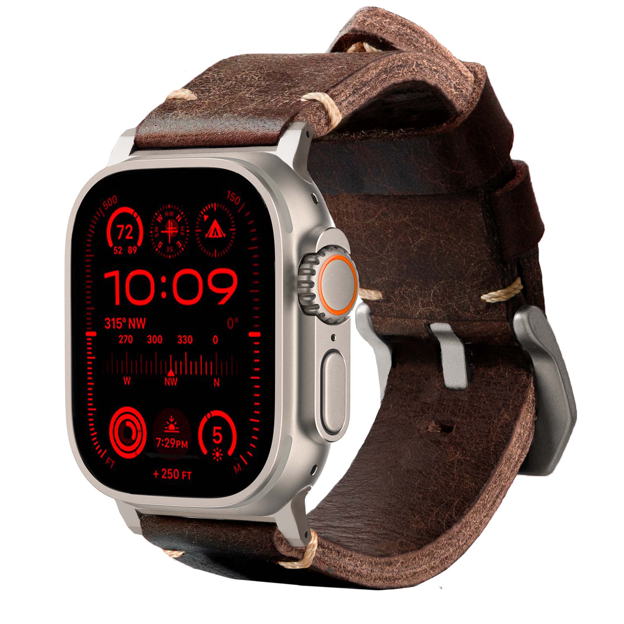 Smartwatch with a brown leather strap on a white background