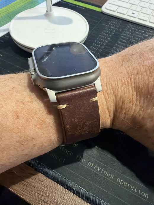 Customer review photo from ashley gulwell: Leather Strap R01 worn on the wrist with an Apple Watch