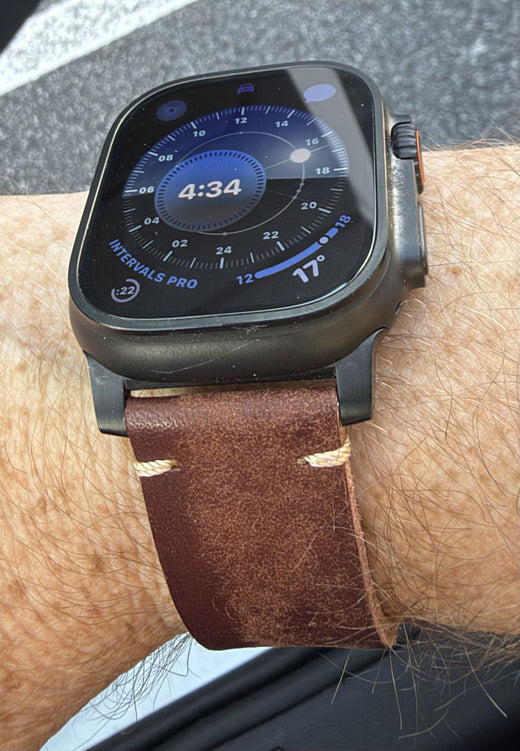 Customer review photo from James Millar: Leather Strap R01 worn on the wrist with an Apple Watch