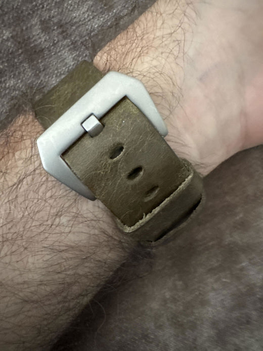 Customer review photo from Keith Bailey: Leather Strap R01 worn on the wrist with an Apple Watch