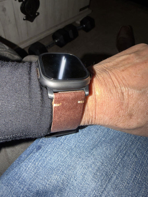 Customer review photo from Mark: Leather Strap R01 worn on the wrist with an Apple Watch