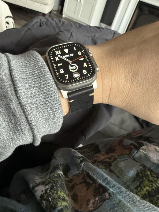 Customer review photo from Philip Smith: Leather Strap R01 worn on the wrist with an Apple Watch