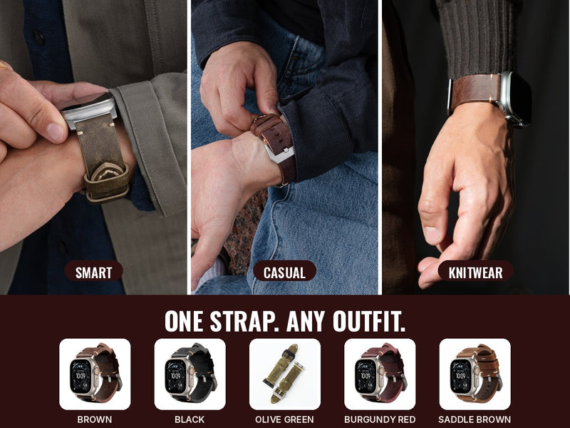 Leather Strap R01 styled with smart, casual and knitwear outfits, with five colour options