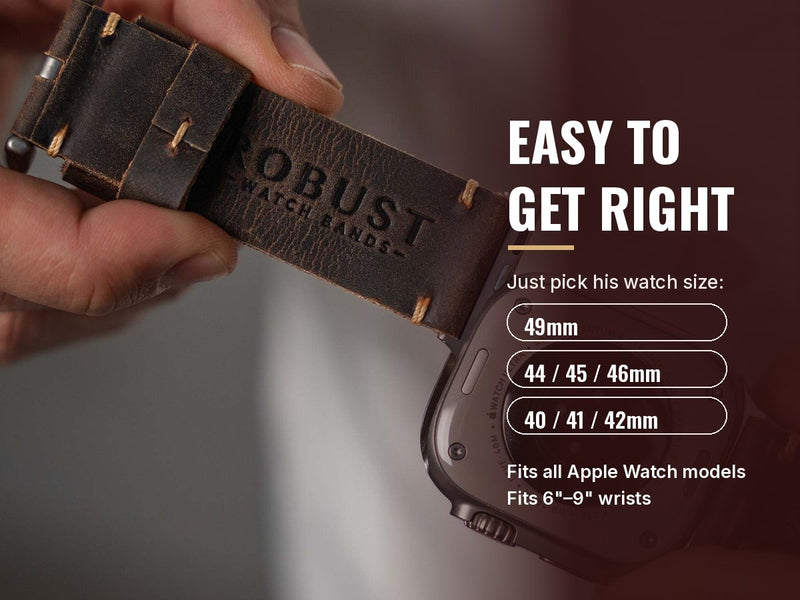 Leather Strap R01 sizing guide by Apple Watch size, fits 6 to 9 inch wrists