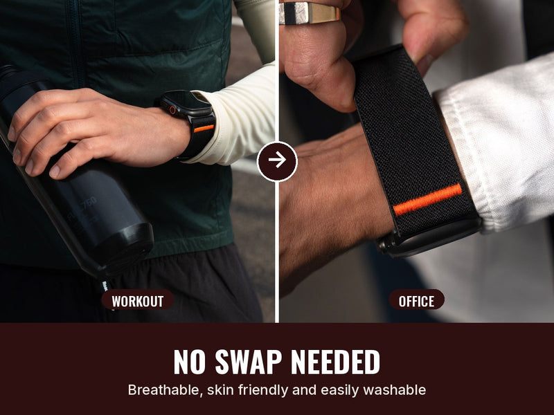 Same Active Stretch Band worn for a workout and at the office